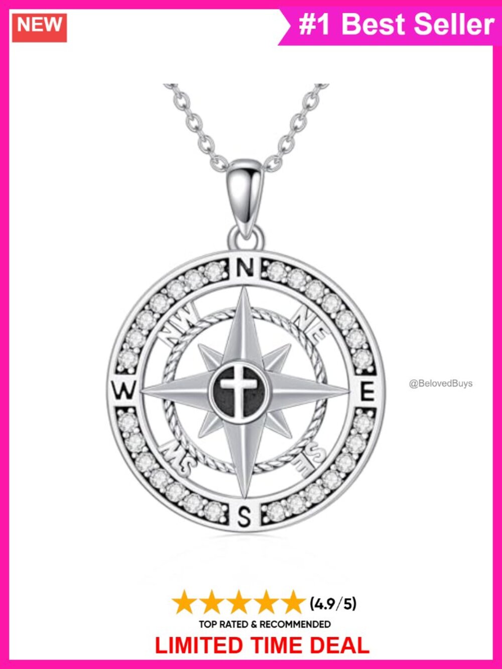 925 Sterling Silver Compass Cross Pendant Necklace 18+2 Inch